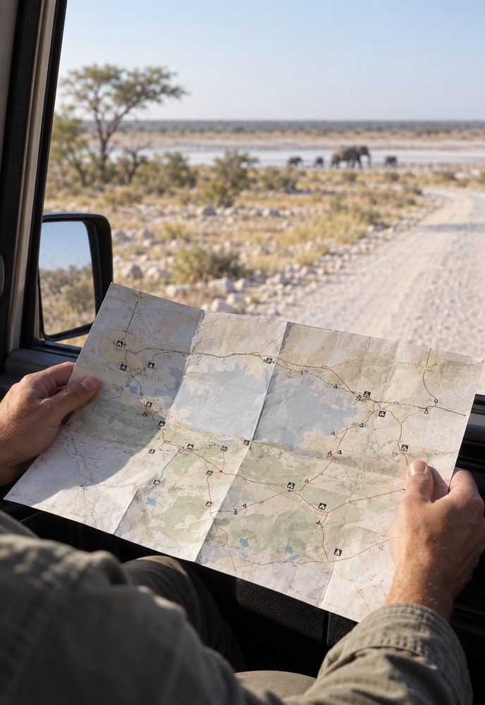 Traveller using a folded map to plan an Etosha driving route